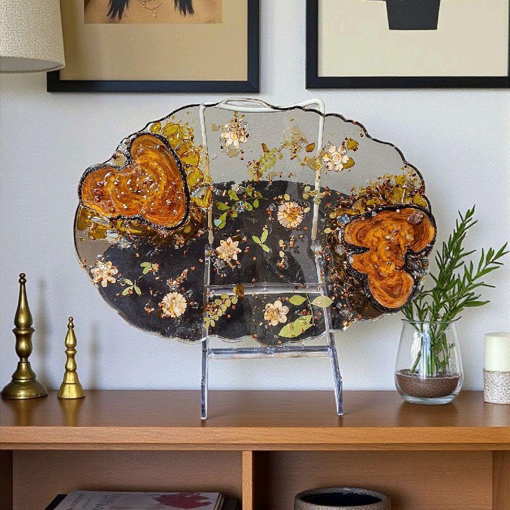 Resin Floral Tray with Crushed Glass - Brown Earth Tone Decor