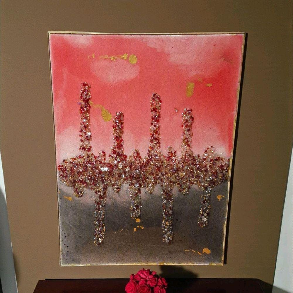 Hand-Designed 3D Abstract Canvas Art: Red, Black, and Gold Stripes. Size 18x24