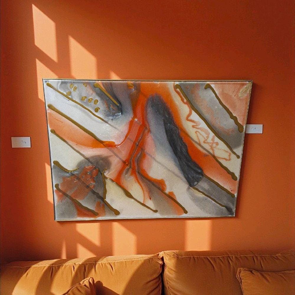 3D Abstract Canvas Painting, Orange Gold Grey White, 18x24 Hand-Designed Artwork
