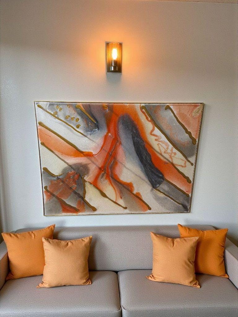 3D Abstract Canvas Painting, Orange Gold Grey White, 18x24 Hand-Designed Artwork
