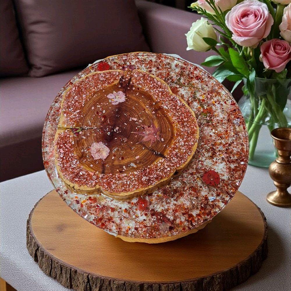 Resin Wood Floral Sculpture – 3D Crystal Inlay, Red Accent Decor