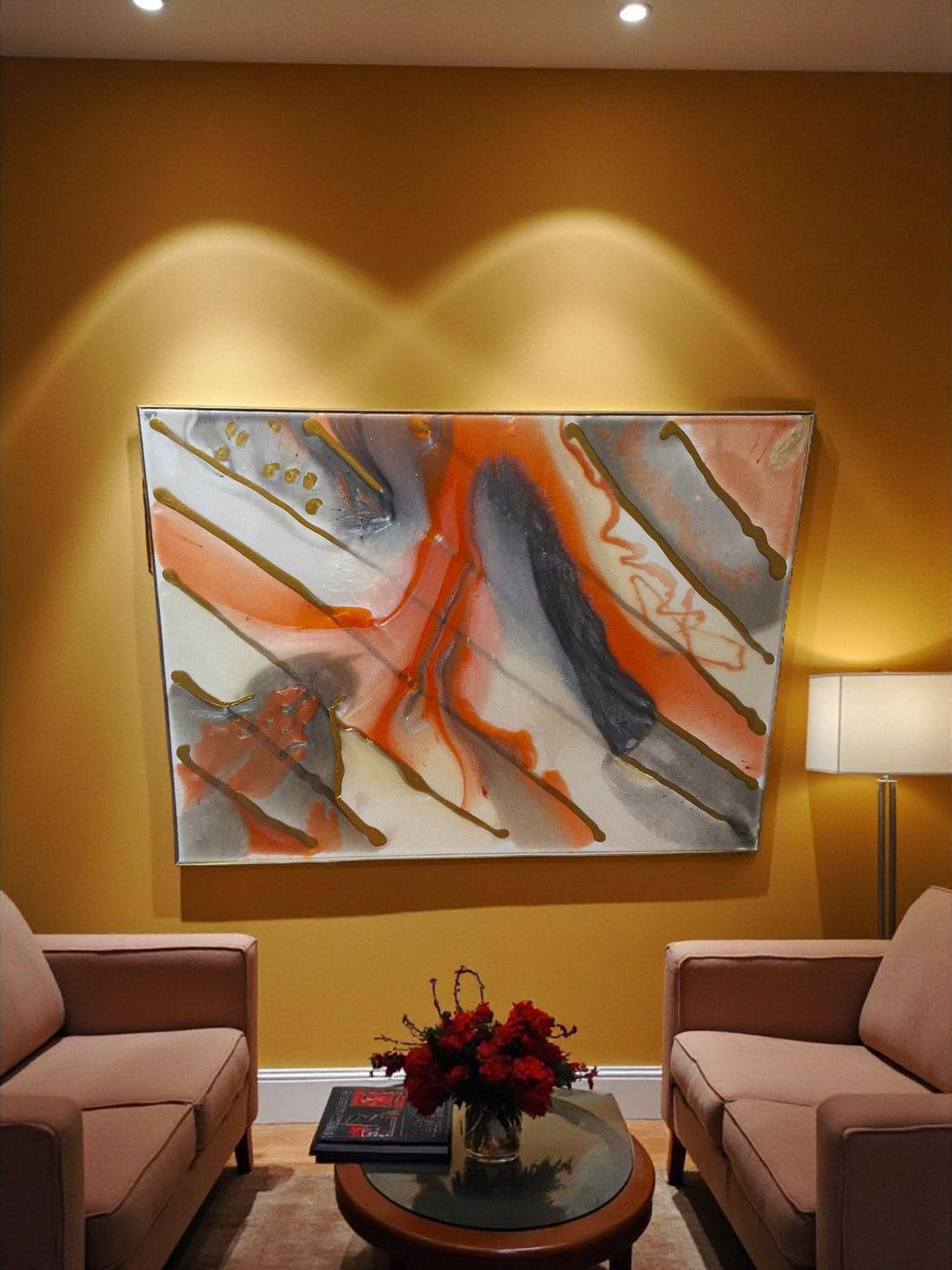 3D Abstract Canvas Painting, Orange Gold Grey White, 18x24 Hand-Designed Artwork