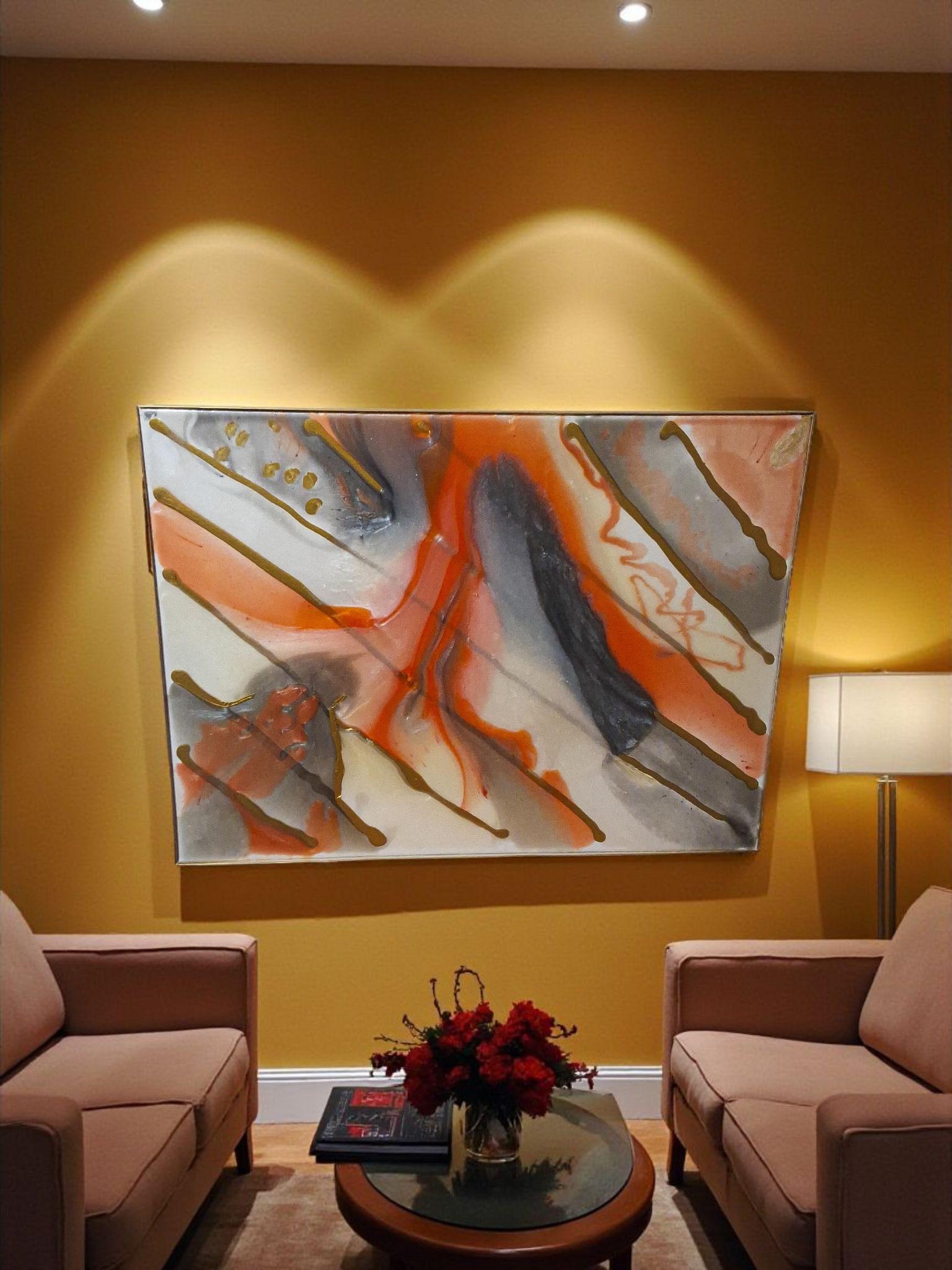 3D Abstract Canvas Painting, Orange Gold Grey White, 18x24 Hand-Designed Artwork