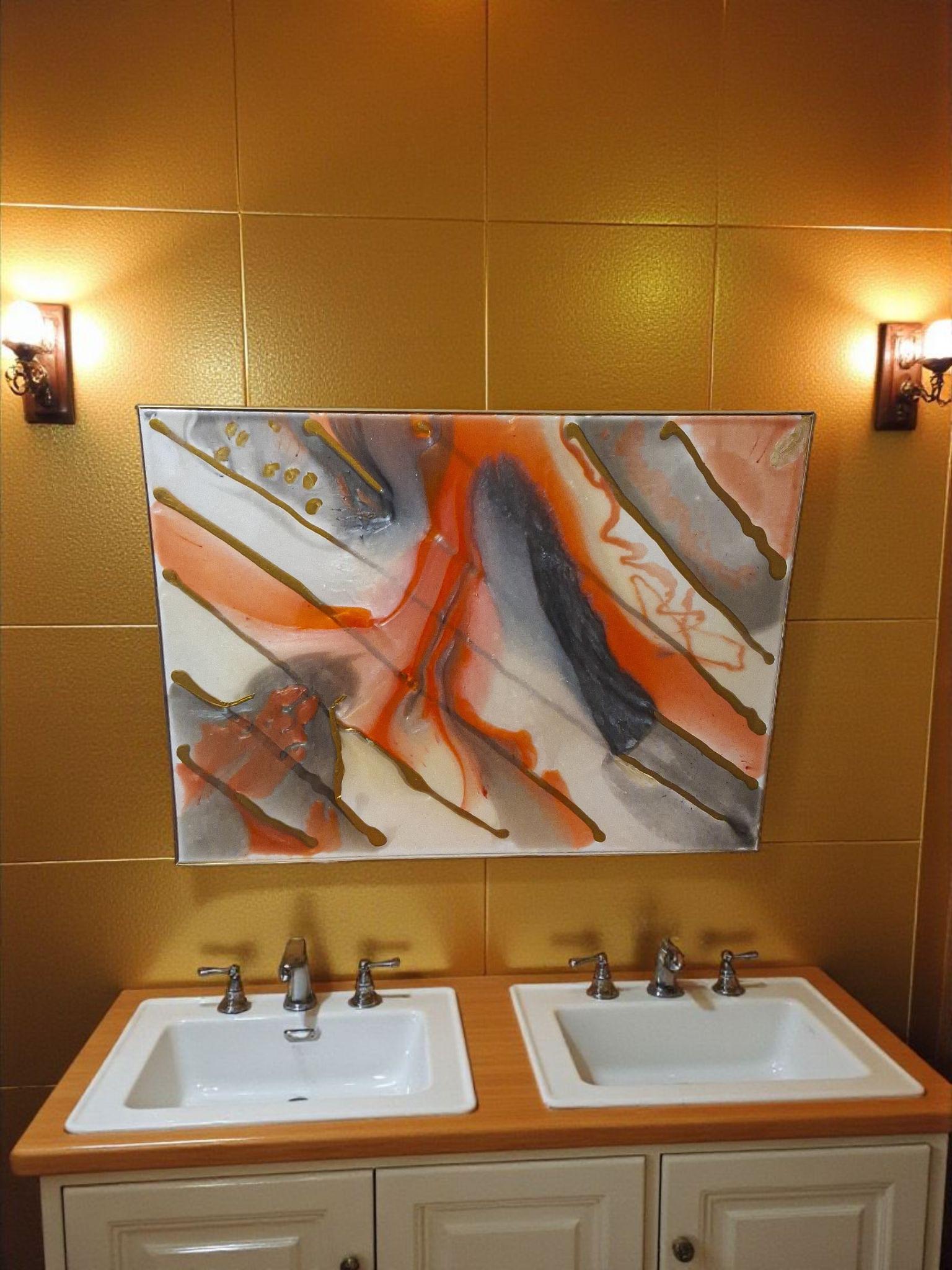 3D Abstract Canvas Painting, Orange Gold Grey White, 18x24 Hand-Designed Artwork