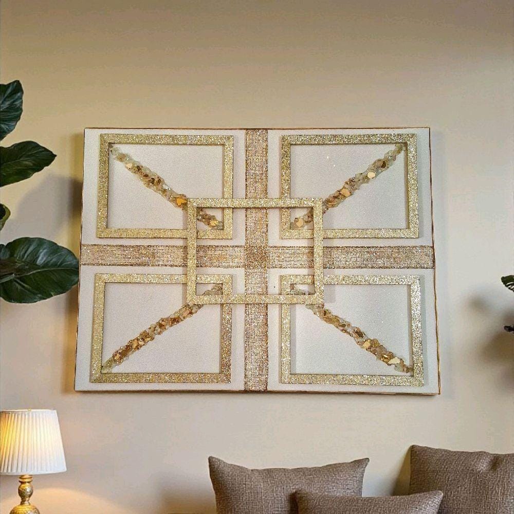 3D Gold Crystallized Abstract Artwork - Elegant Geometric Decor (18x24)