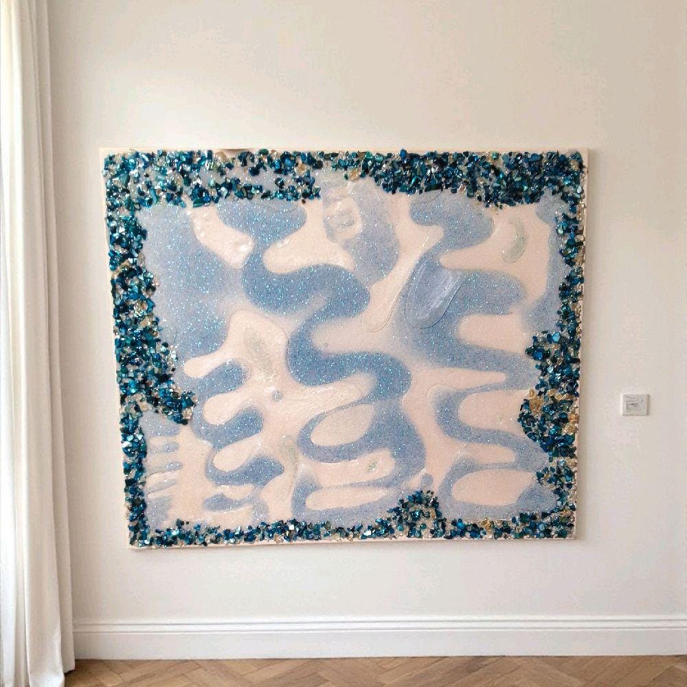 Resin Crystal Artwork: Metallic Aqua Blue-Green Hanging Decor. Size 20x24