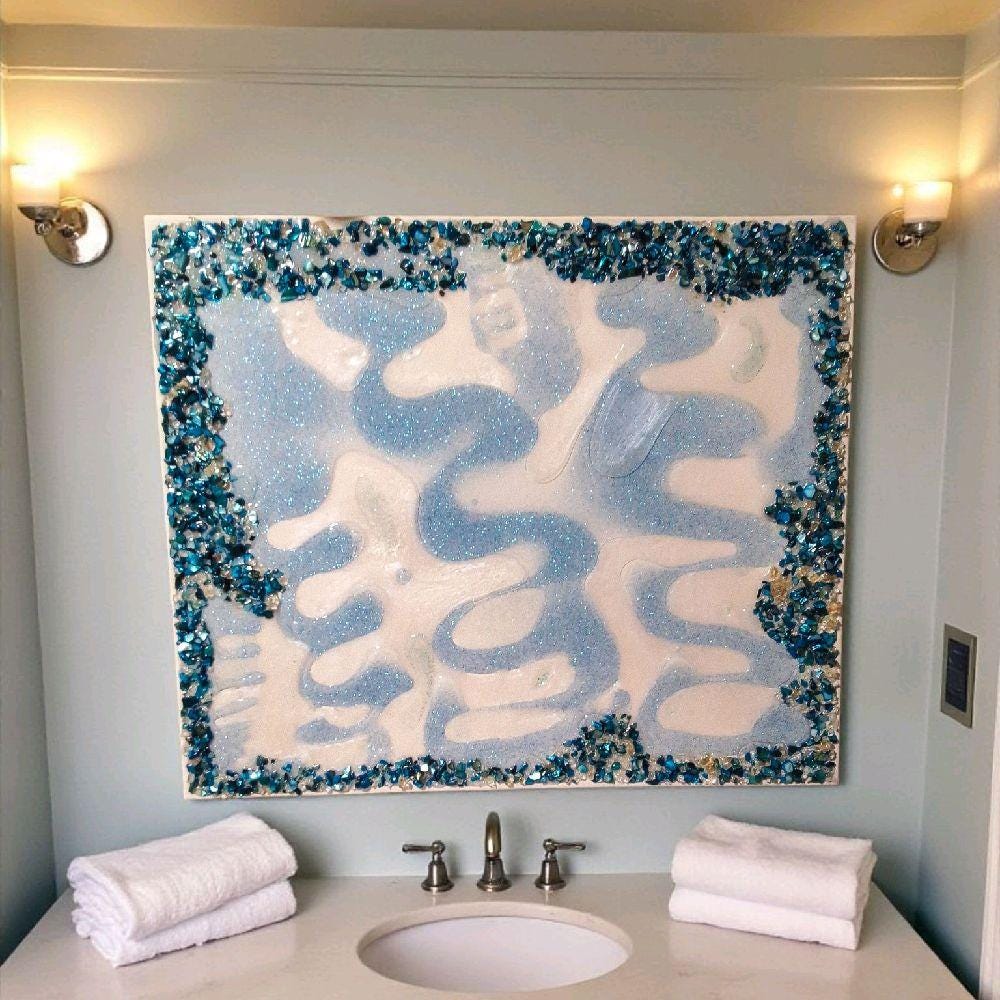 Resin Crystal Artwork: Metallic Aqua Blue-Green Hanging Decor. Size 20x24