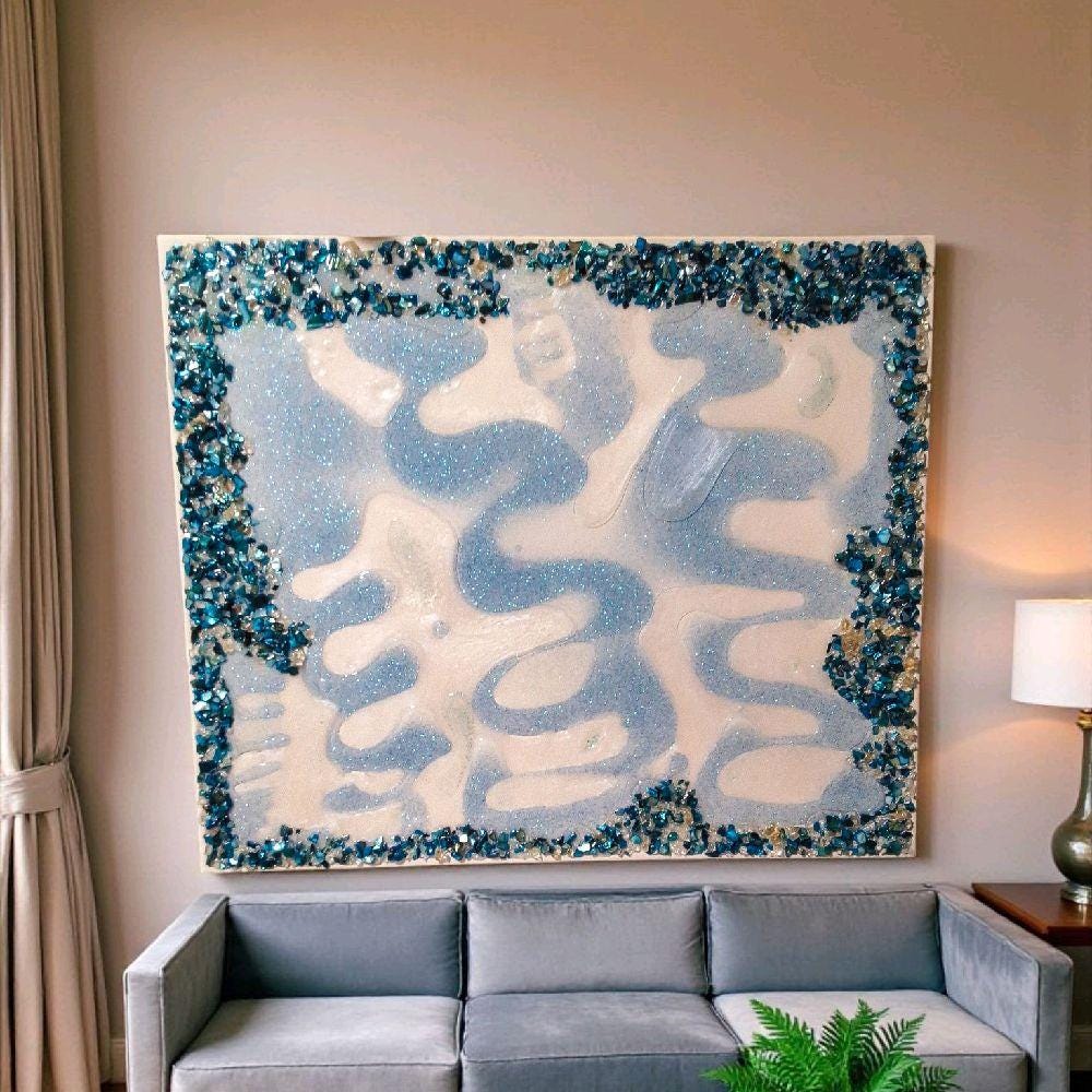 Resin Crystal Artwork: Metallic Aqua Blue-Green Hanging Decor. Size 20x24