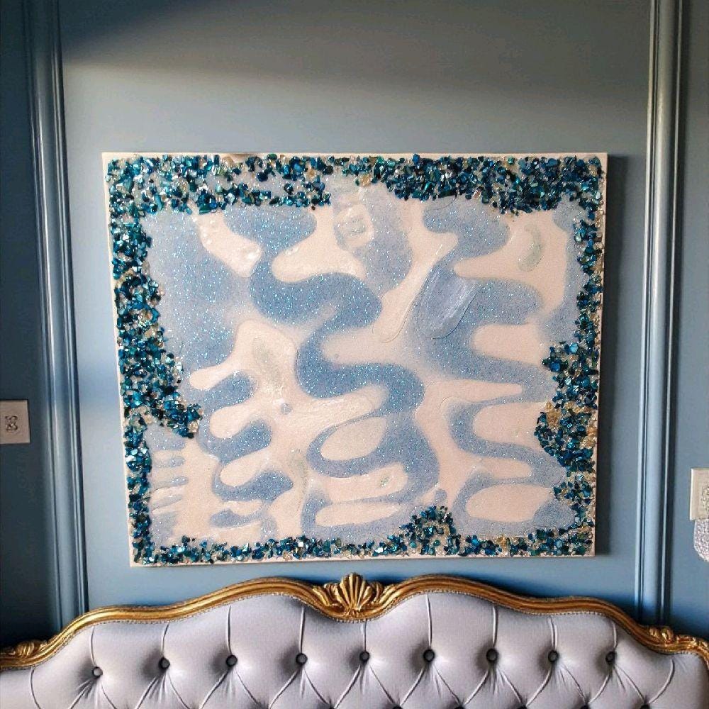 Resin Crystal Artwork: Metallic Aqua Blue-Green Hanging Decor. Size 20x24