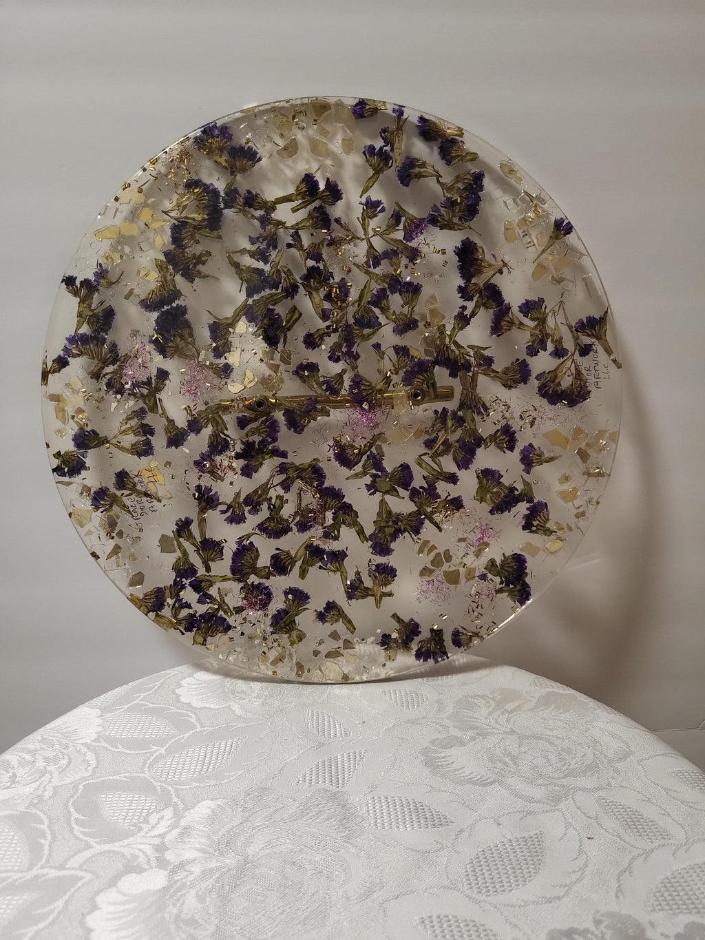 Purple Flower Resin Tray with Gold Crystal Handle, 3D Decor