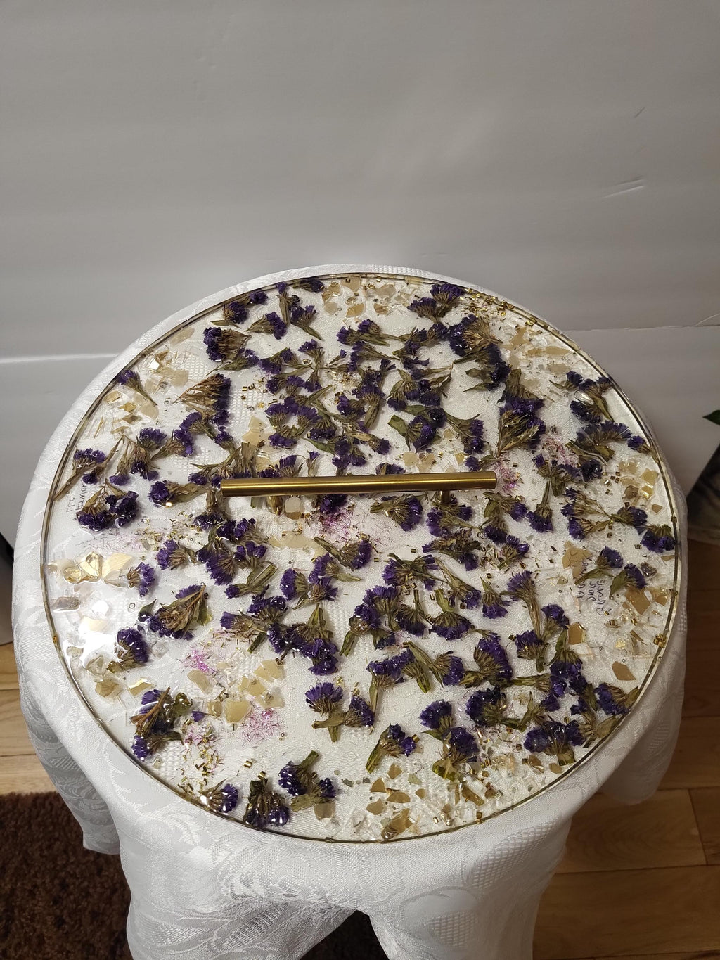 Purple Flower Resin Tray with Gold Crystal Handle, 3D Decor