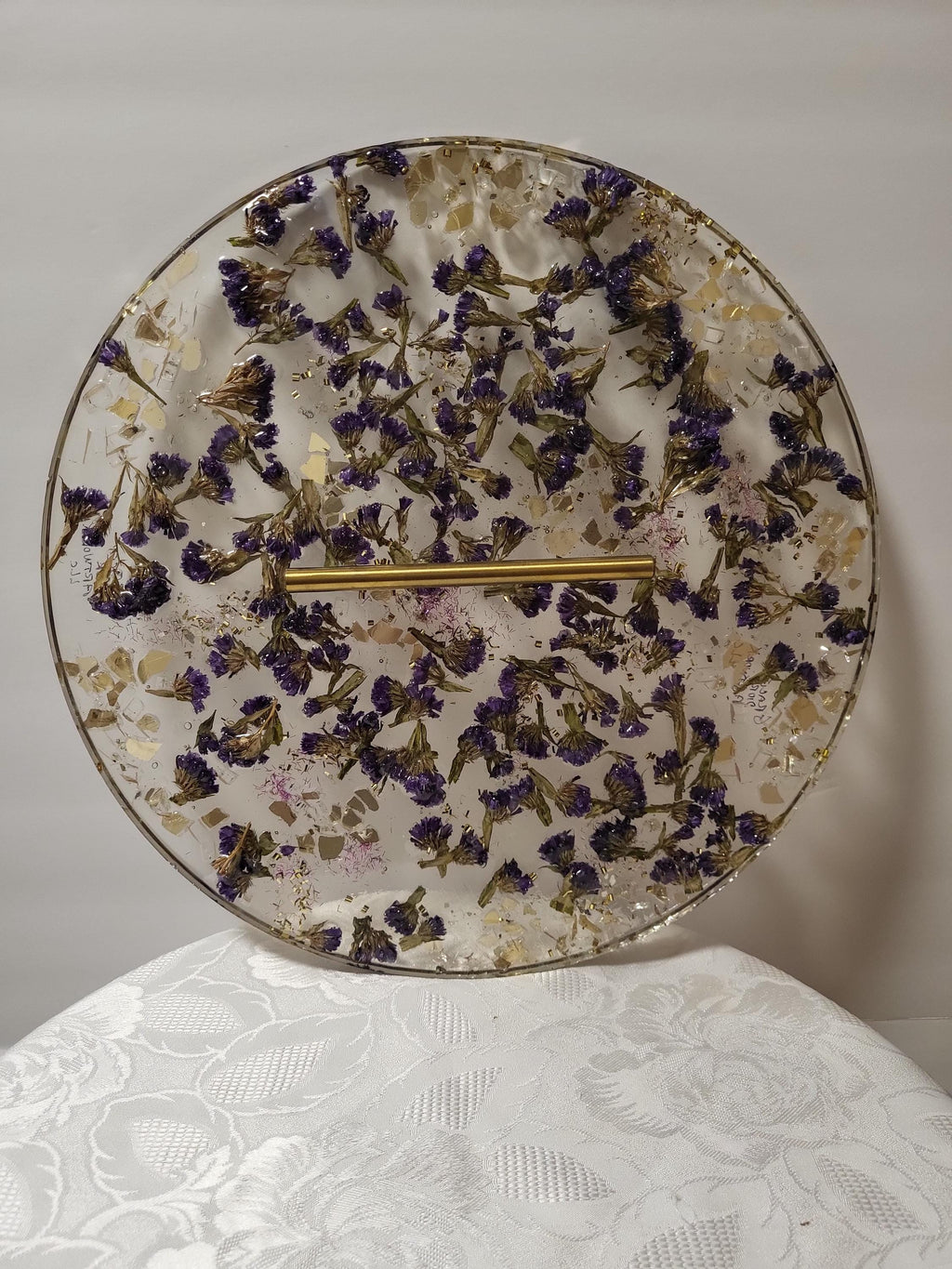 Purple Flower Resin Tray with Gold Crystal Handle, 3D Decor