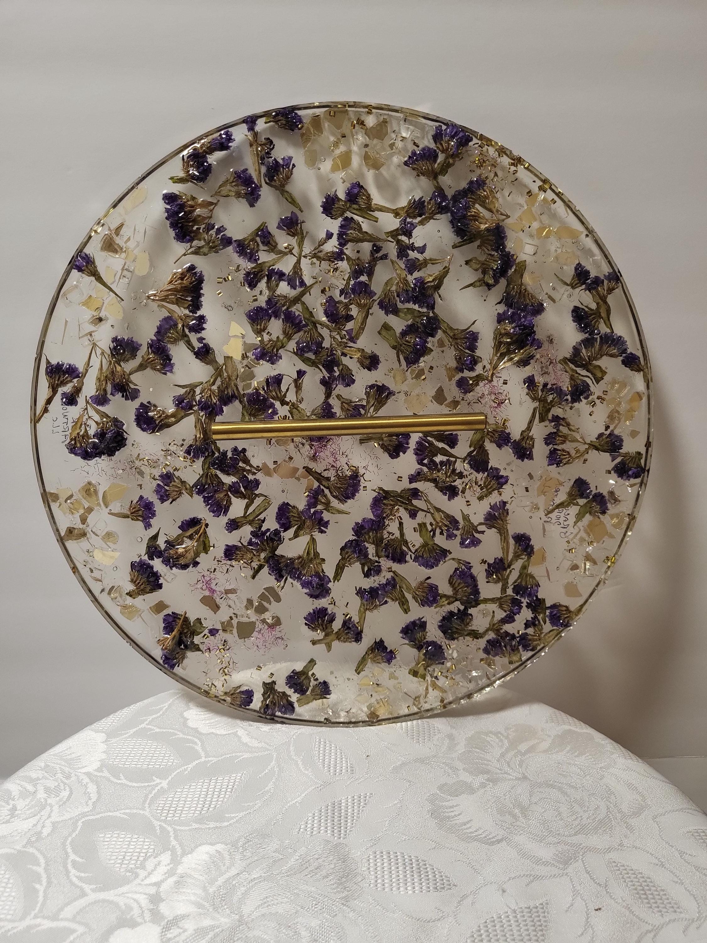 Purple Flower Resin Tray with Gold Crystal Handle, 3D Decor