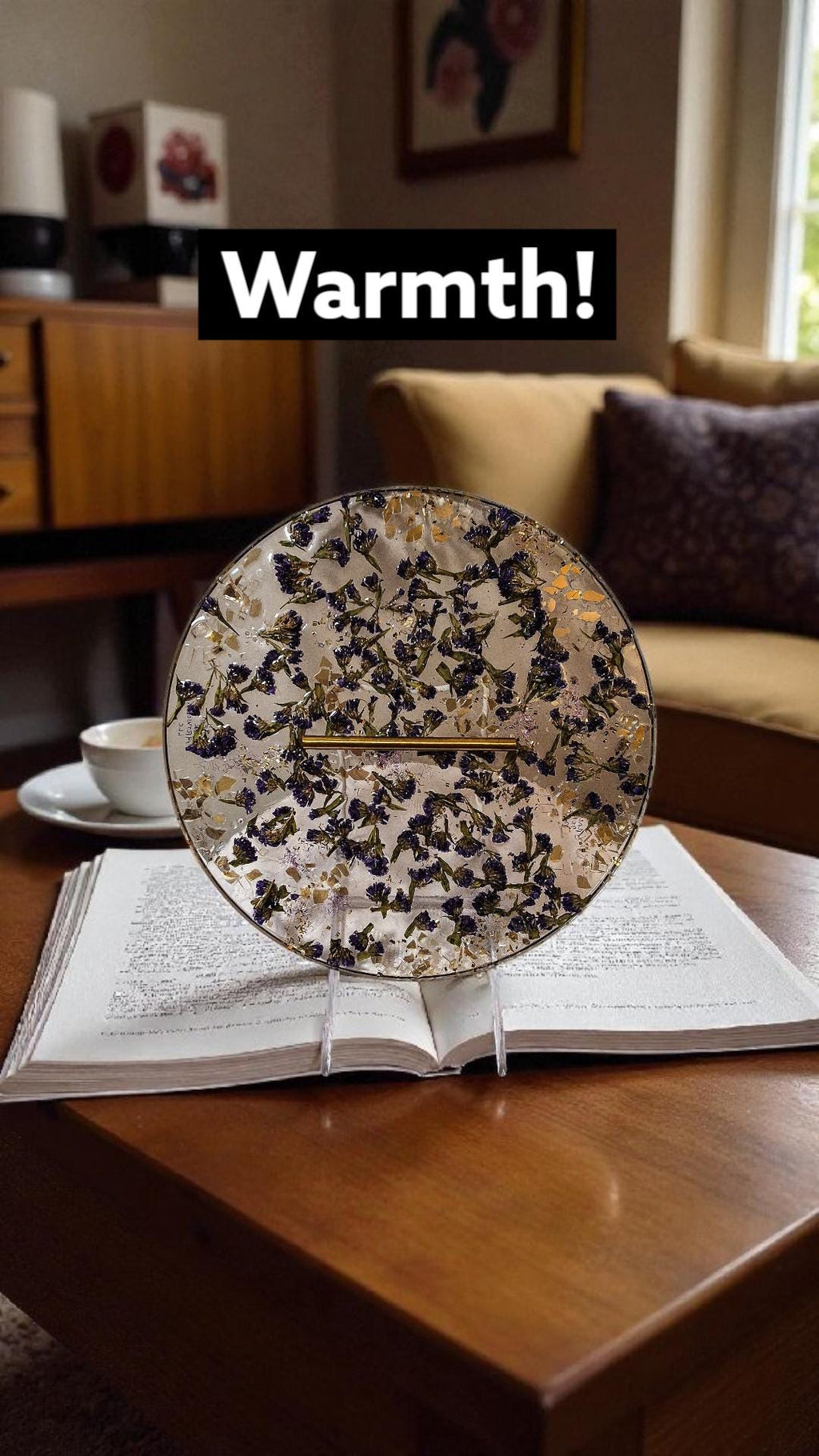 Purple Flower Resin Tray with Gold Crystal Handle, 3D Decor