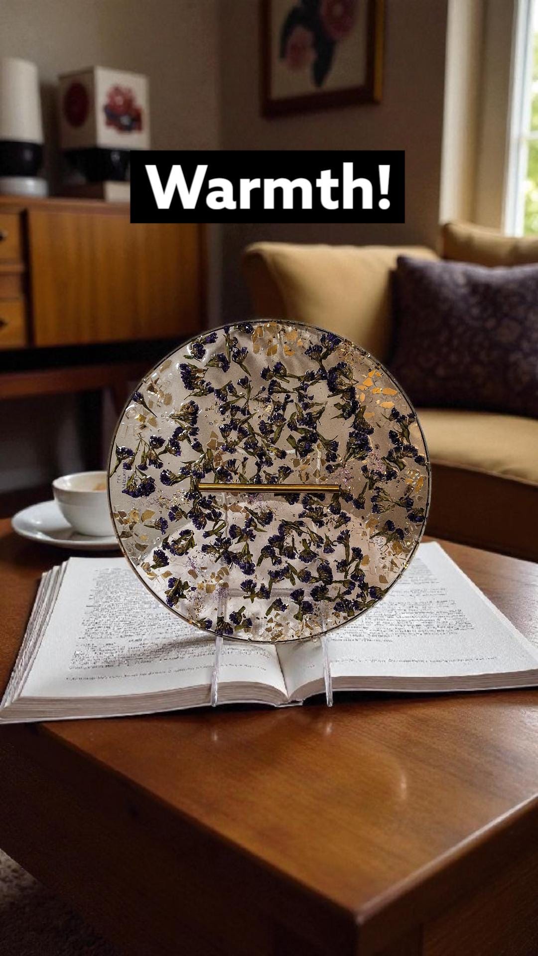 Purple Flower Resin Tray with Gold Crystal Handle, 3D Decor