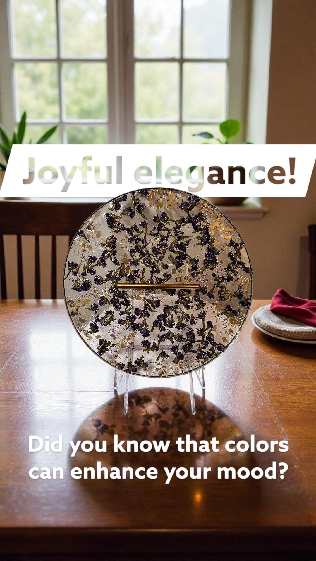 Purple Flower Resin Tray with Gold Crystal Handle, 3D Decor