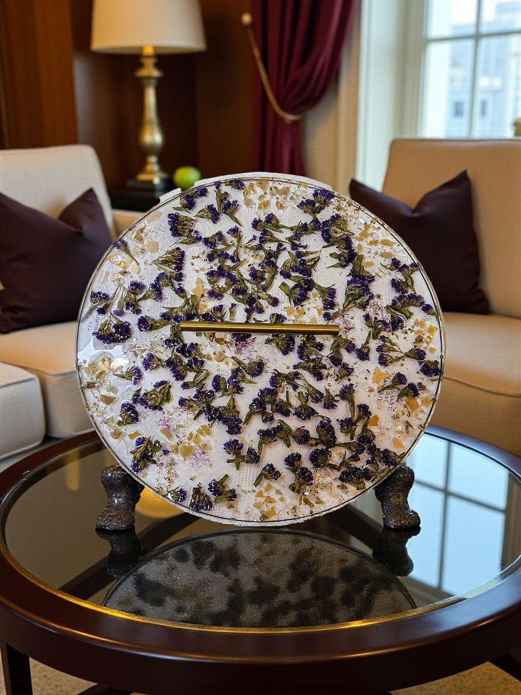 Purple Flower Resin Tray with Gold Crystal Handle, 3D Decor