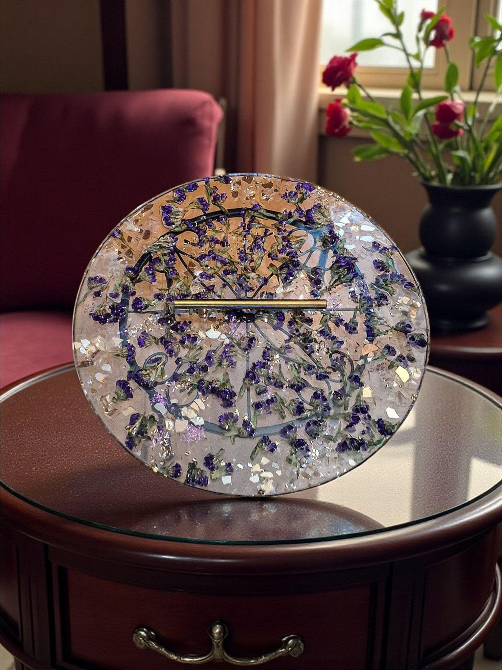Purple Flower Resin Tray with Gold Crystal Handle, 3D Decor