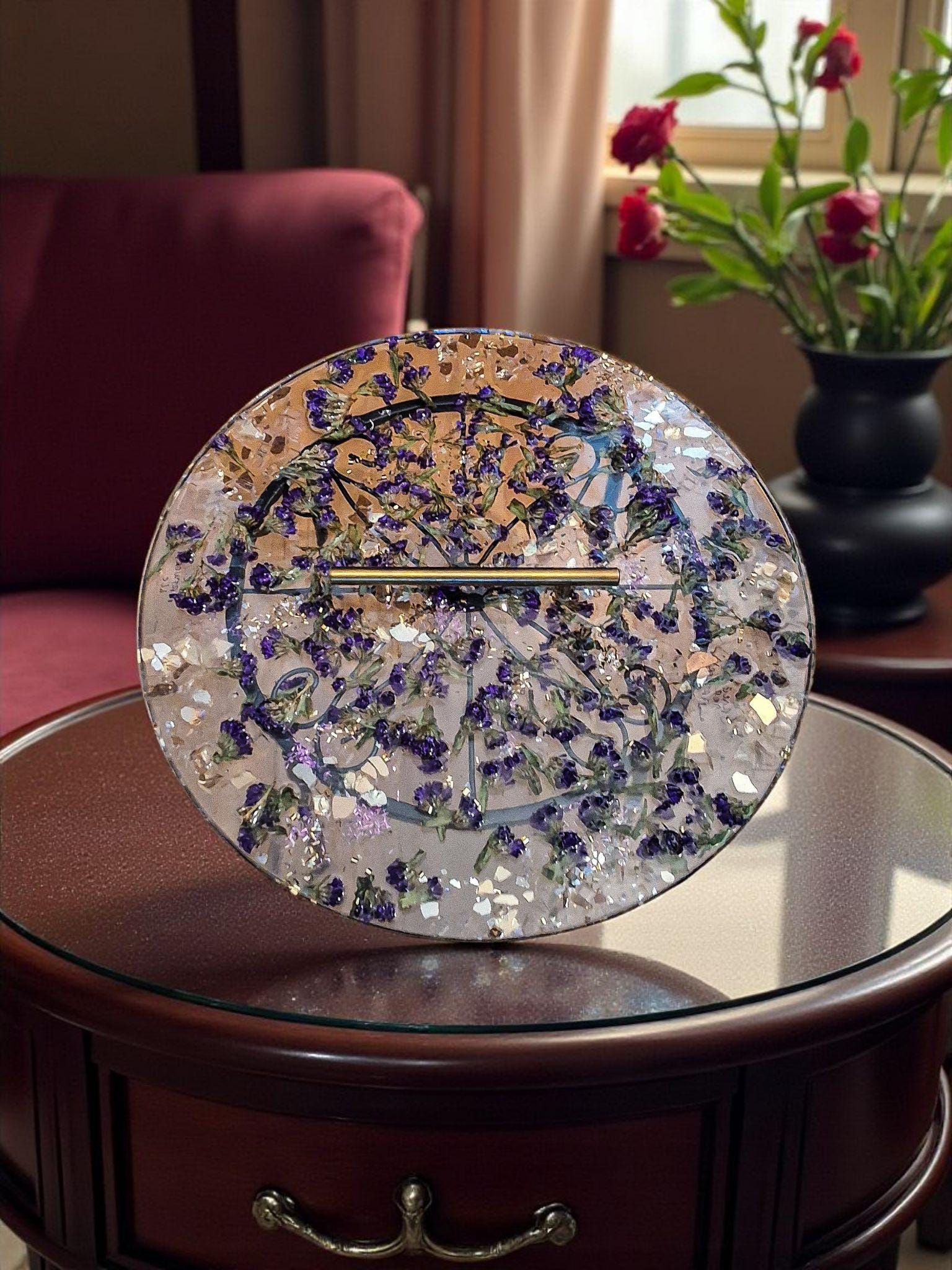 Purple Flower Resin Tray with Gold Crystal Handle, 3D Decor