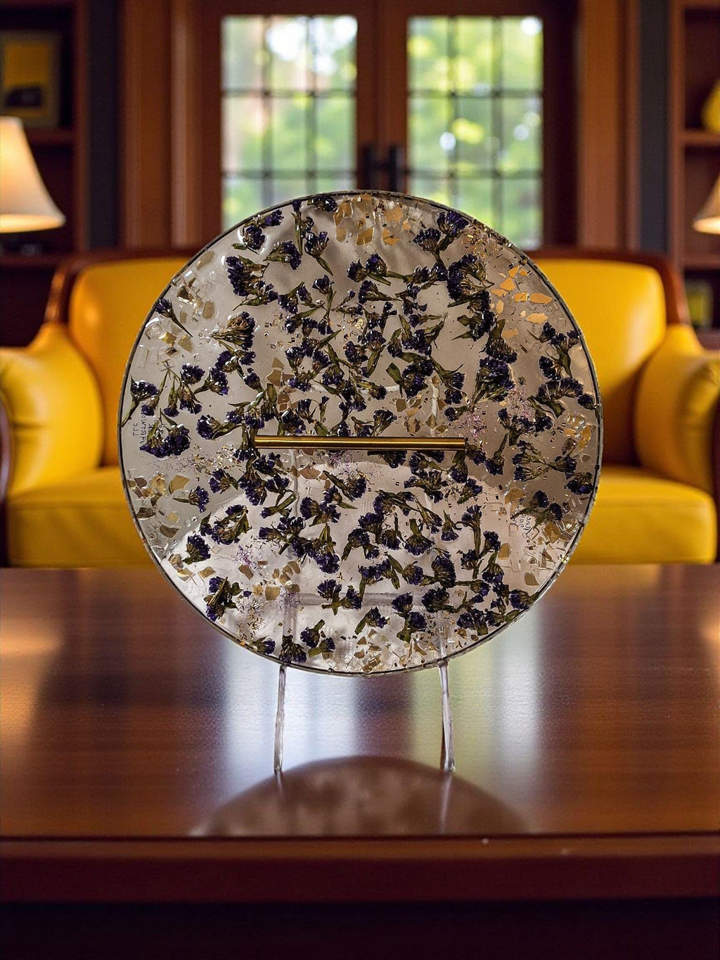 Purple Flower Resin Tray with Gold Crystal Handle, 3D Decor