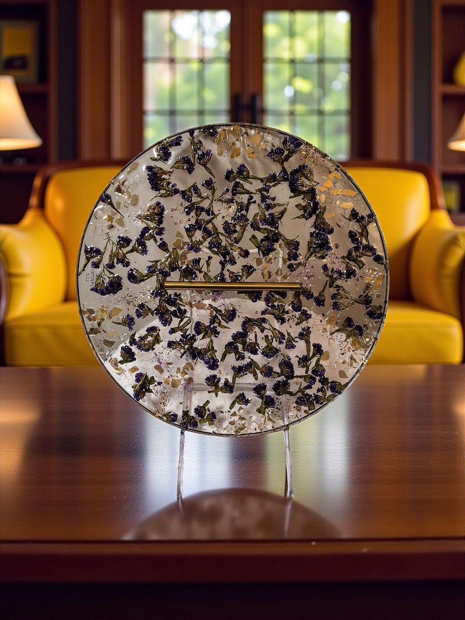 Purple Flower Resin Tray with Gold Crystal Handle, 3D Decor
