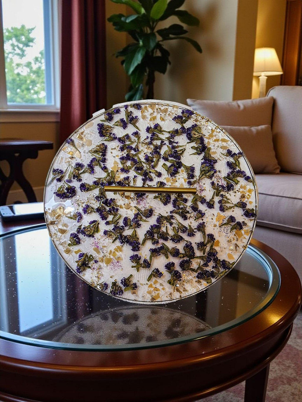 Purple Flower Resin Tray with Gold Crystal Handle, 3D Decor