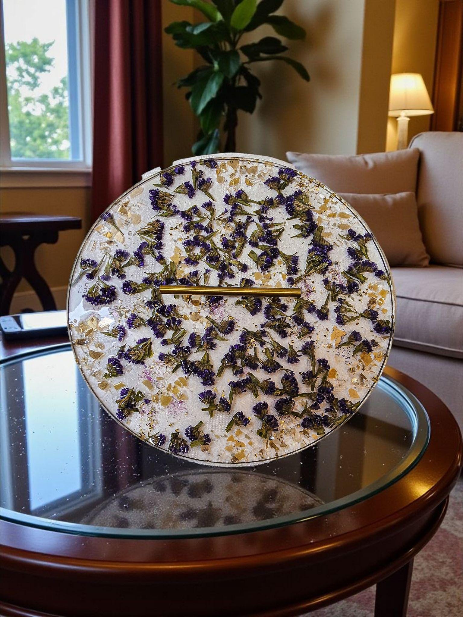 Purple Flower Resin Tray with Gold Crystal Handle, 3D Decor