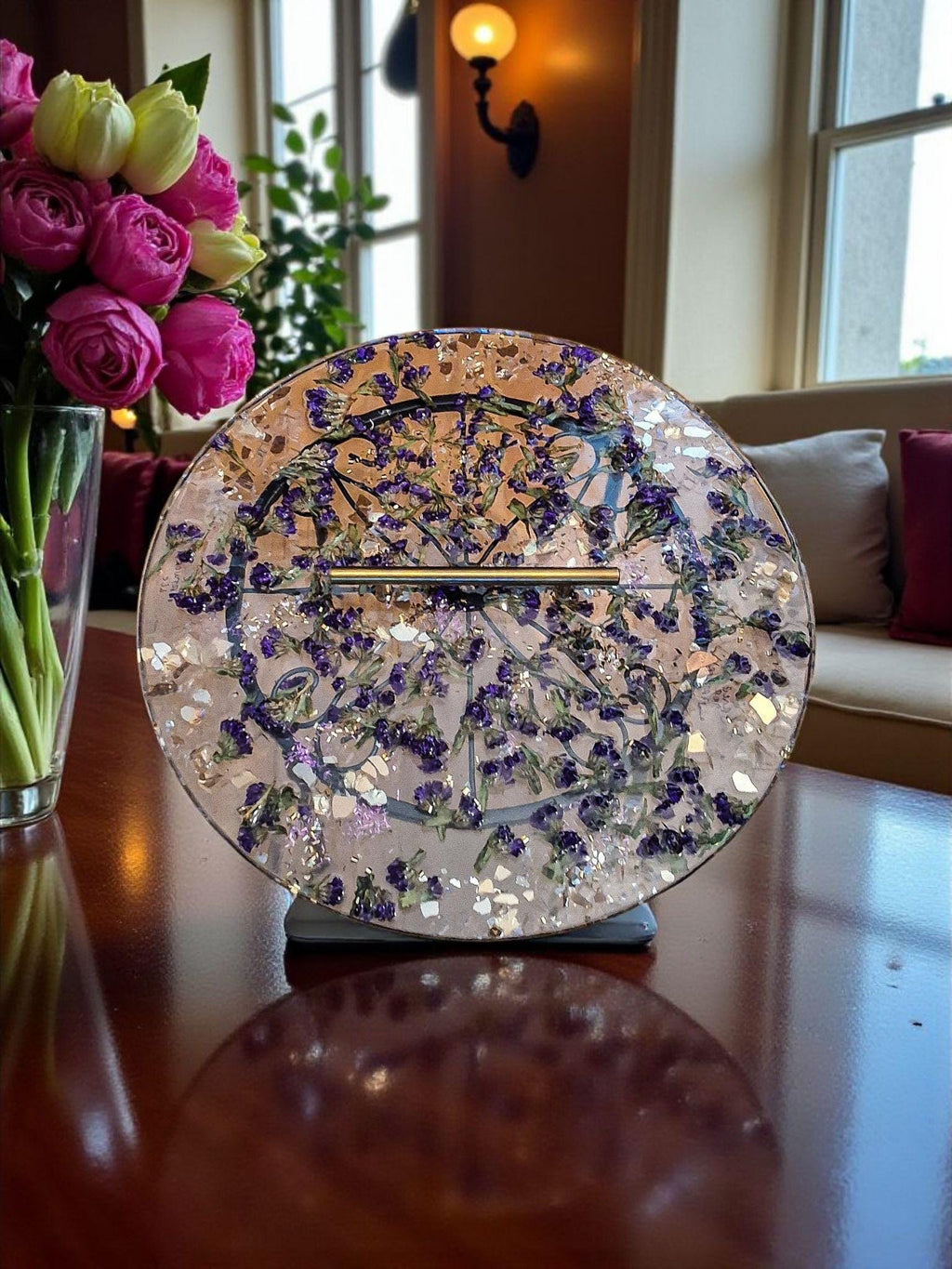 Purple Flower Resin Tray with Gold Crystal Handle, 3D Decor