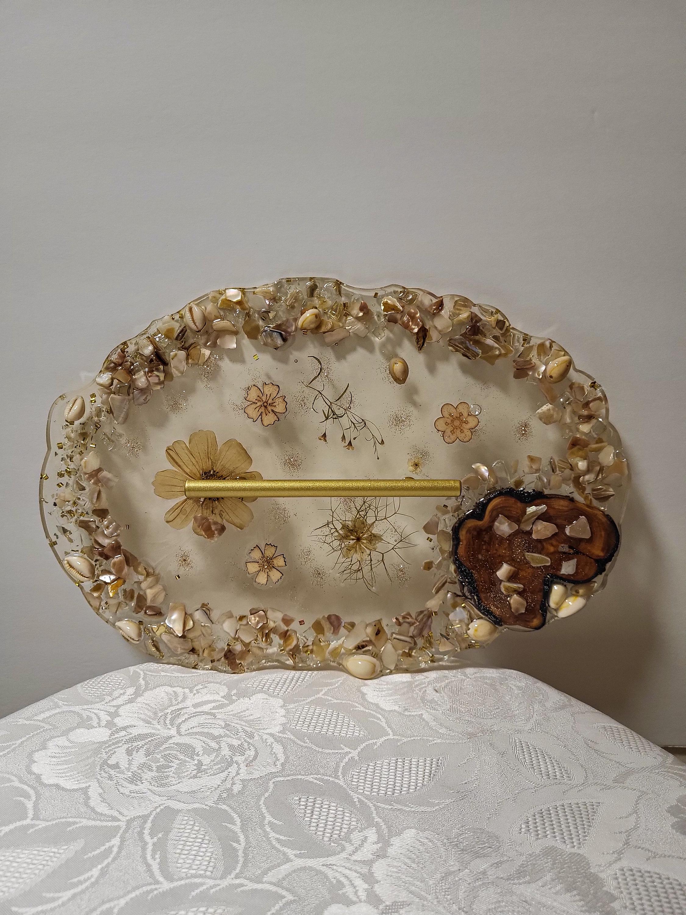 Resin Floral Tray with Crushed Glass - Brown Earth Tone Decor