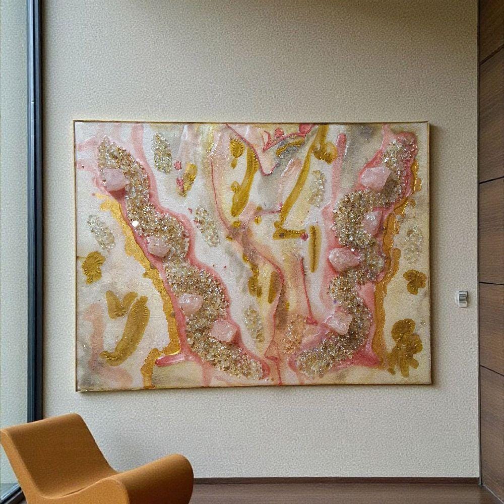 3D Abstract Crystal Canvas Painting, Gold/Pink/Grey Artwork (18x24)