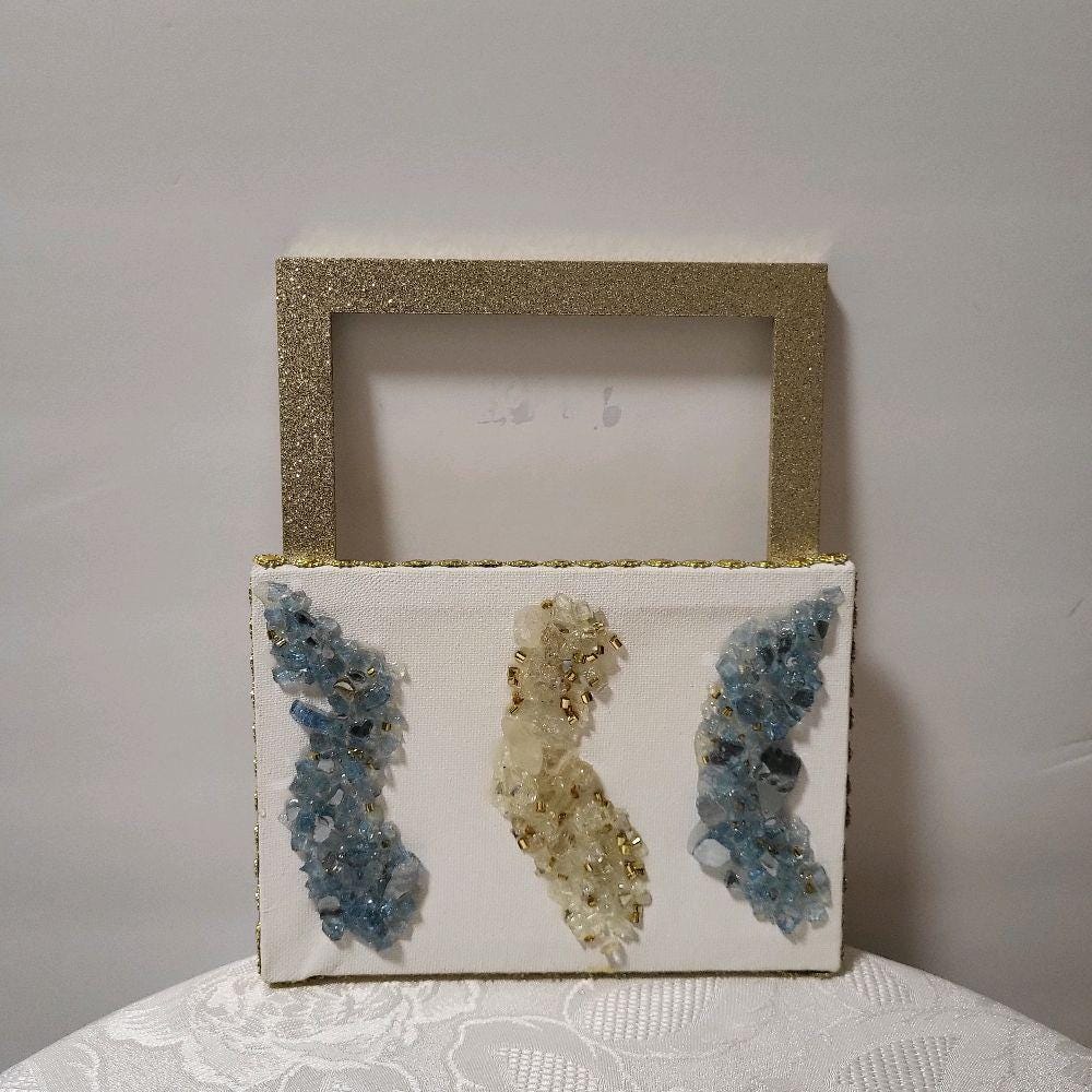 Hand-Designed 3D Crystallized Artwork: Blue & Gold Decor. Size
