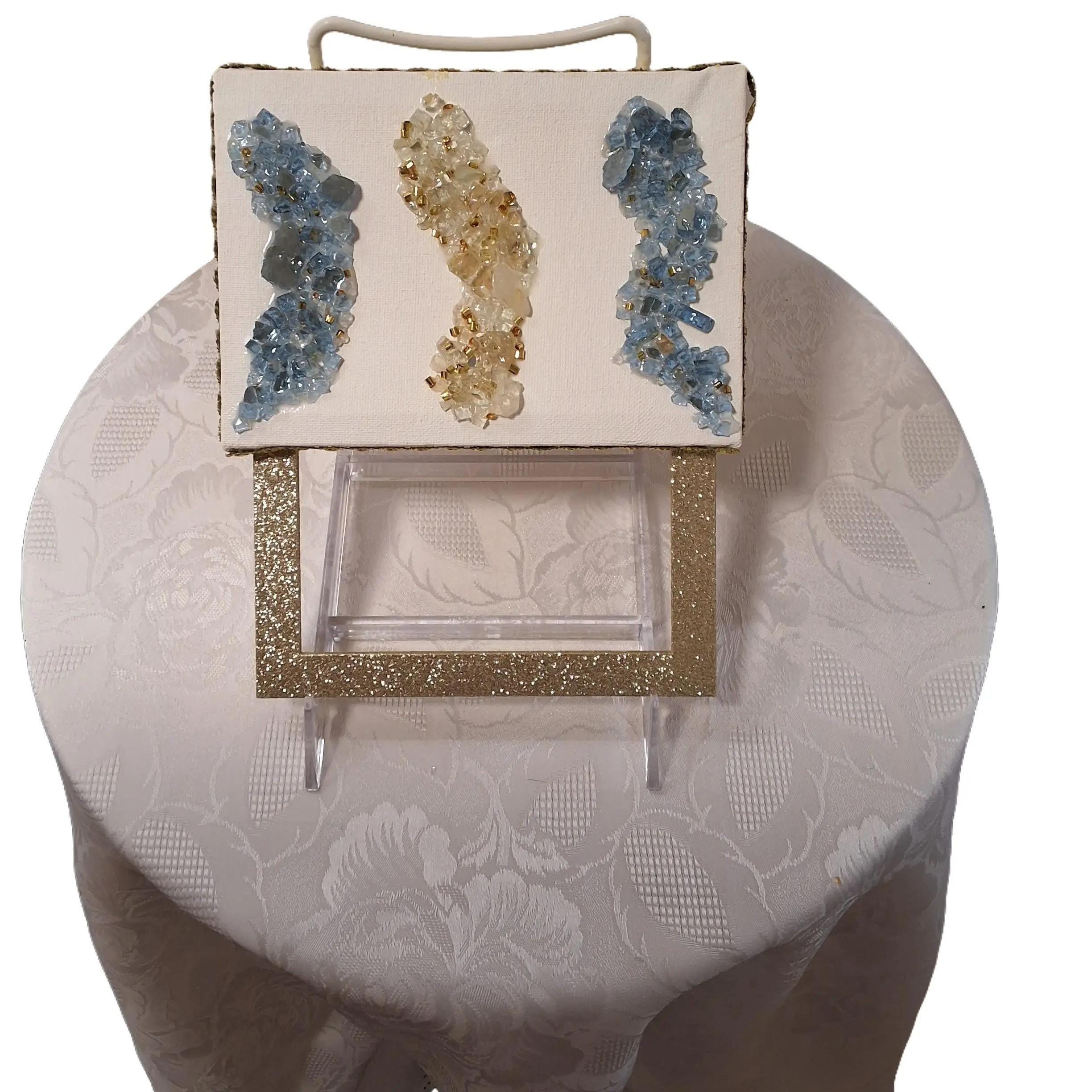 Hand-Designed 3D Crystallized Artwork: Blue & Gold Decor. Size