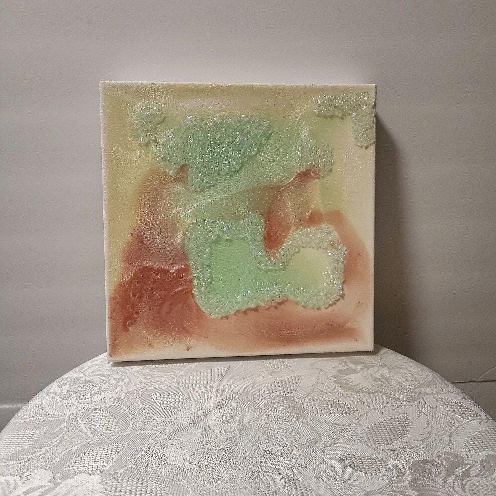 Iridescent Crystal Resin Painting - Pink, Aqua Green Hanging Decor. Size 10x10