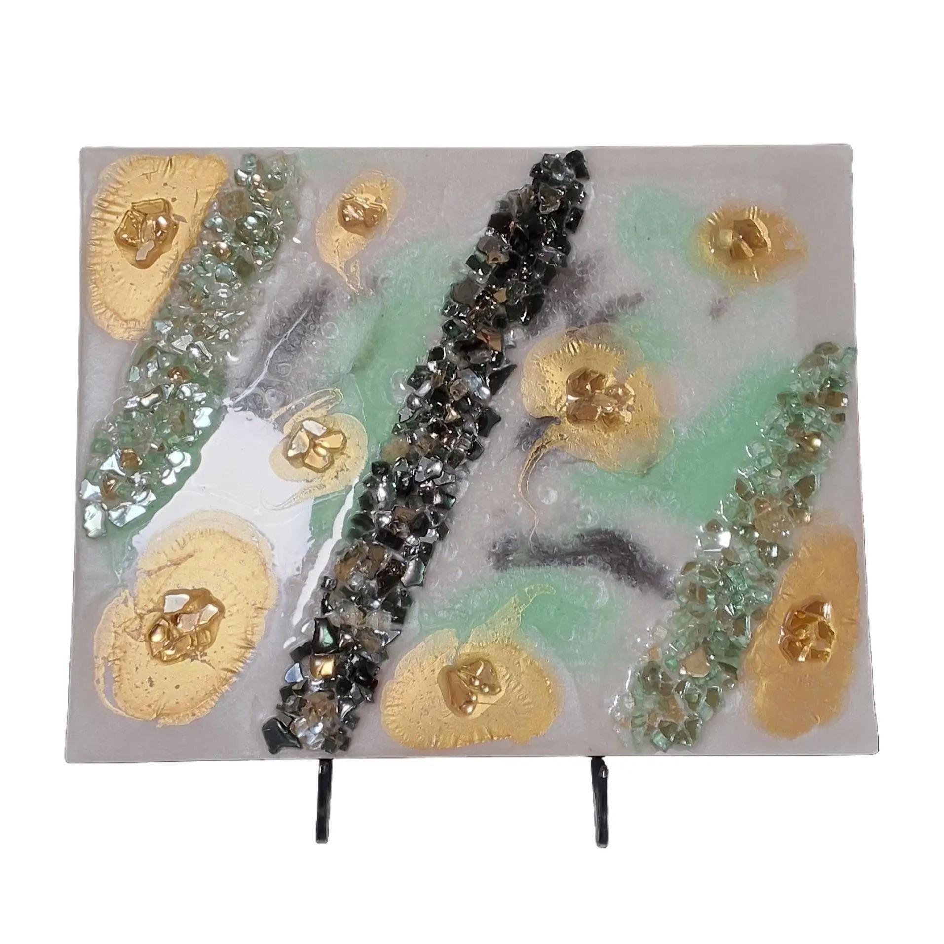 Gold Leaf Resin Painting: Black, White & Green Acrylic Art. Size 11x14