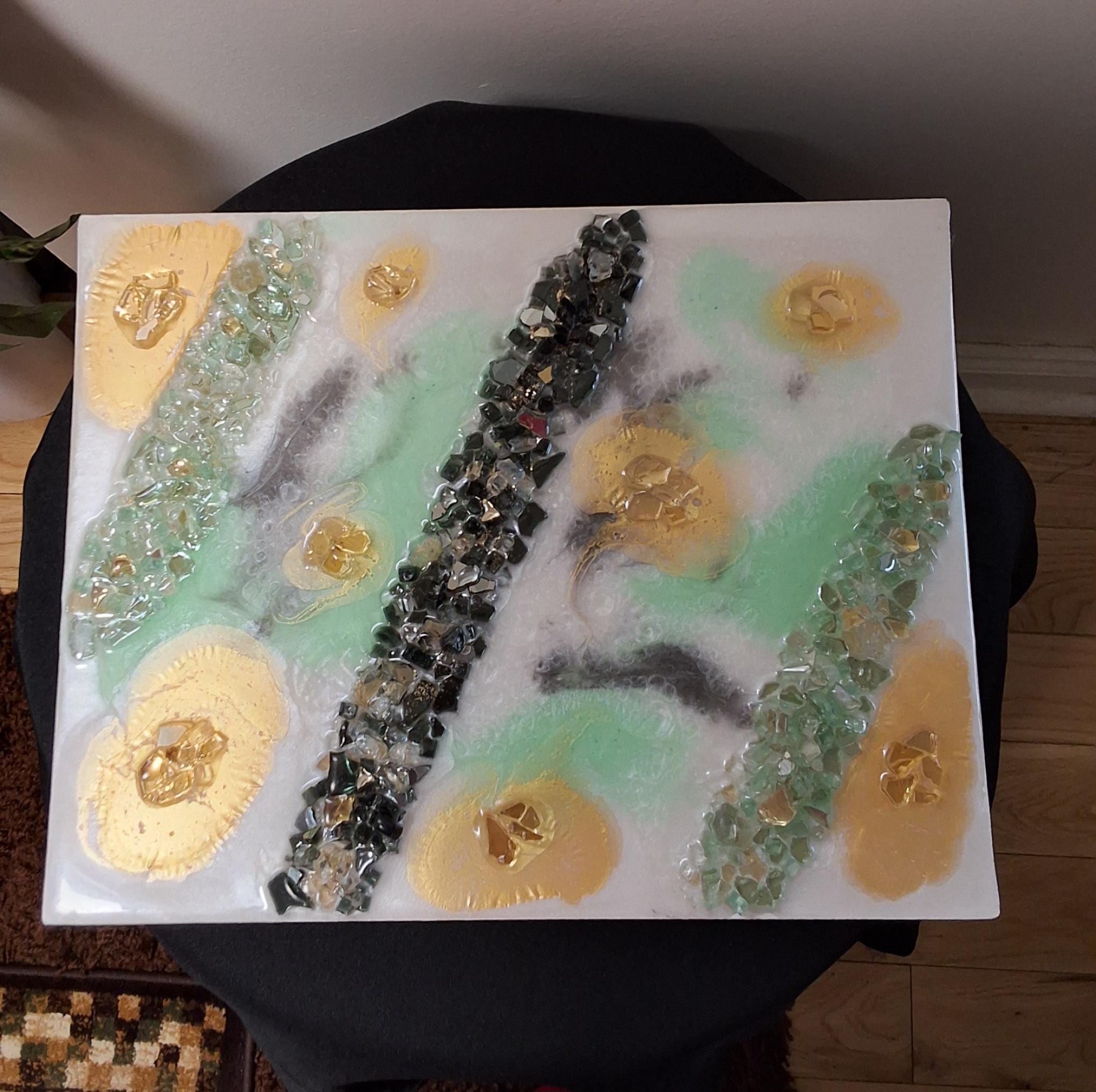 Gold Leaf Resin Painting: Black, White & Green Acrylic Art. Size 11x14