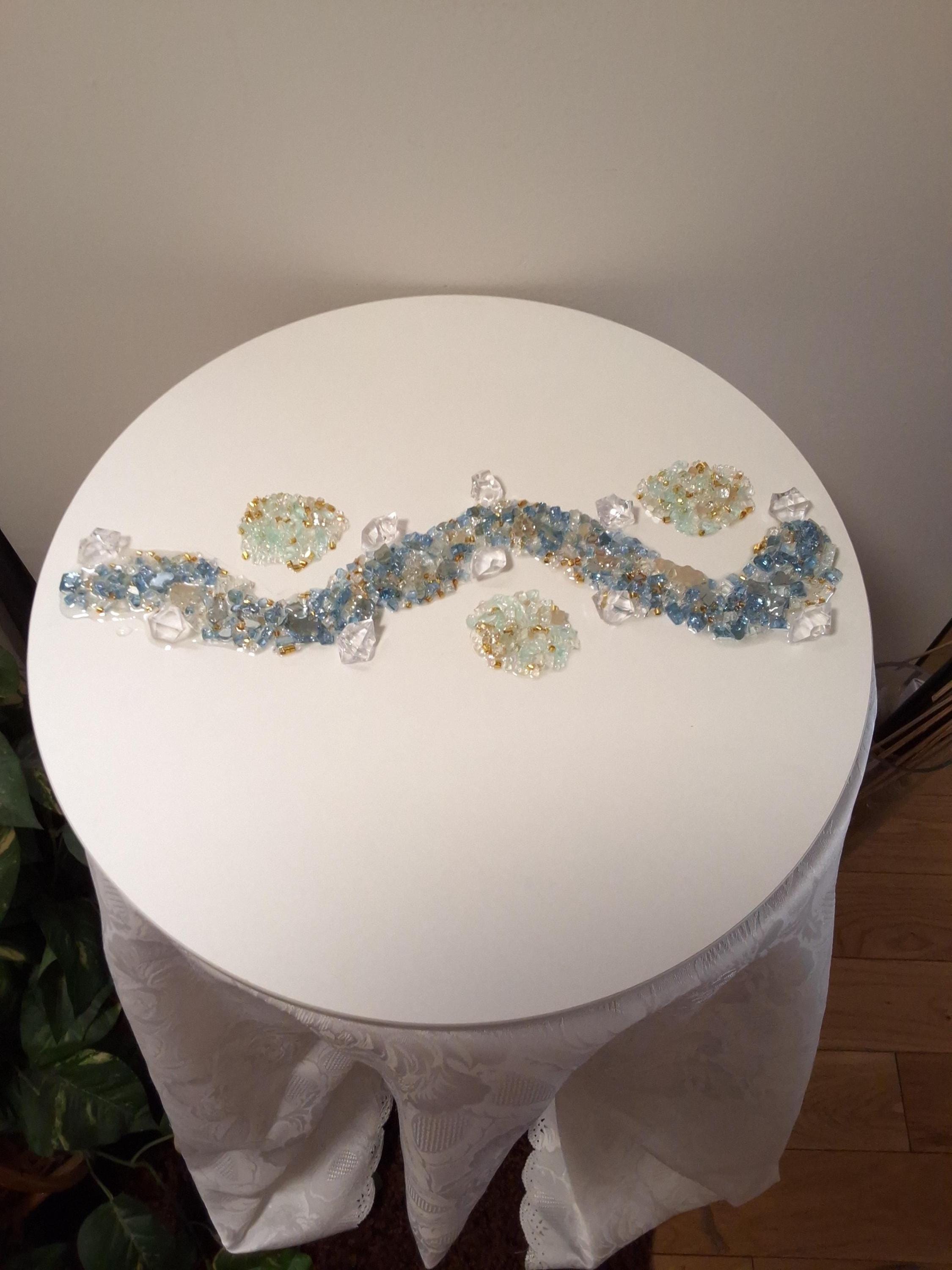 3D Crystallized Artwork Table: Blue & Aqua Green Accent Decor