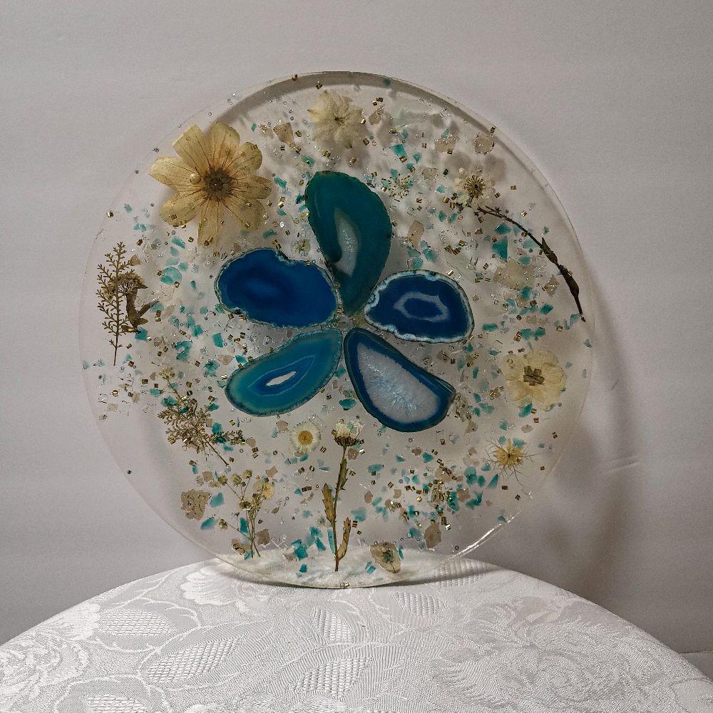 3D Resin Tray, Teal and Yellow Crystals, Elegant Home Decor