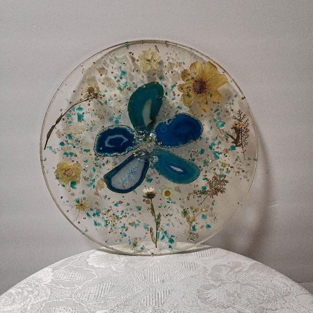 3D Resin Tray, Teal and Yellow Crystals, Elegant Home Decor