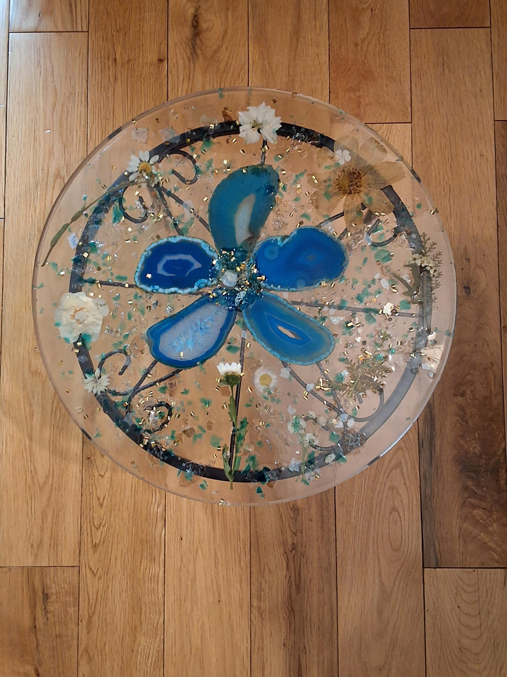 3D Resin Tray, Teal and Yellow Crystals, Elegant Home Decor