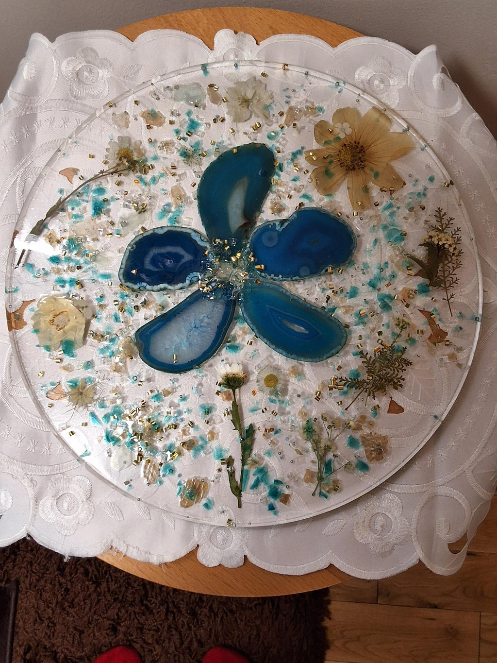3D Resin Tray, Teal and Yellow Crystals, Elegant Home Decor