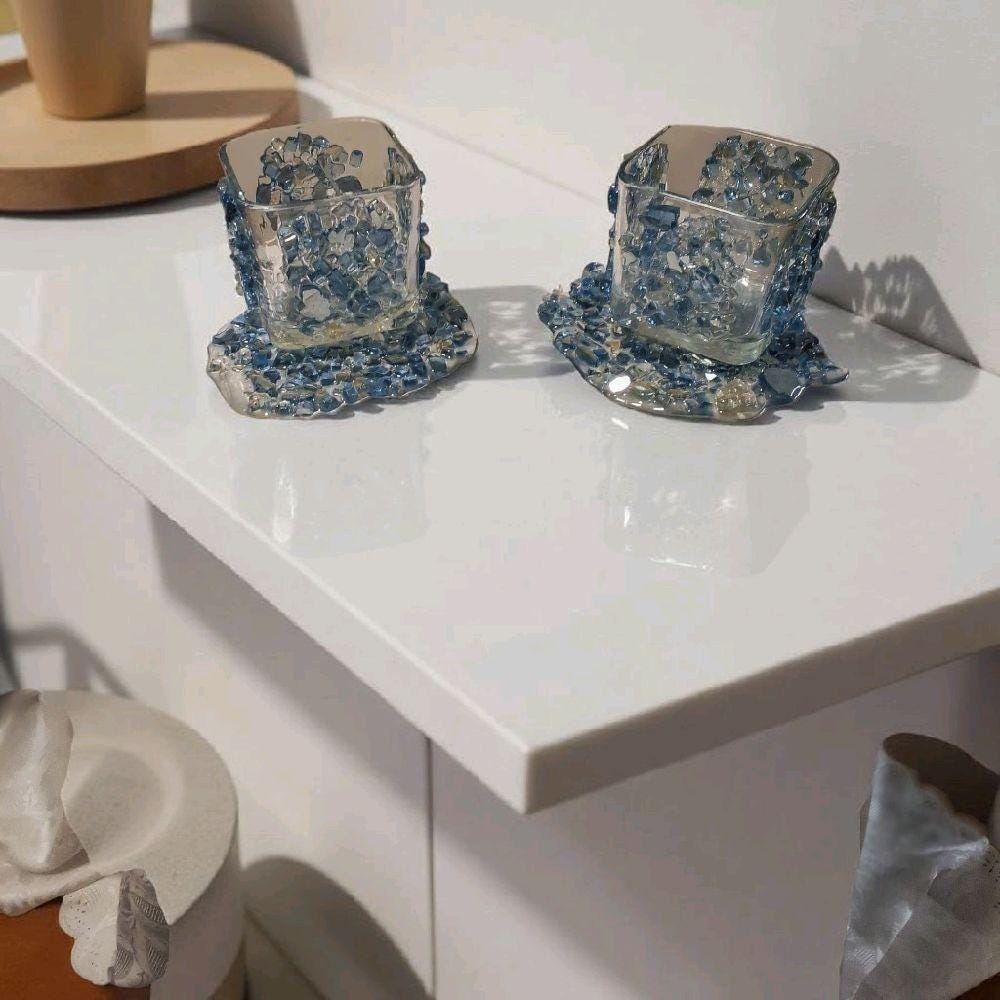 Blue Crystallized Votive Candle Holders - Handcrafted 3D Pair
