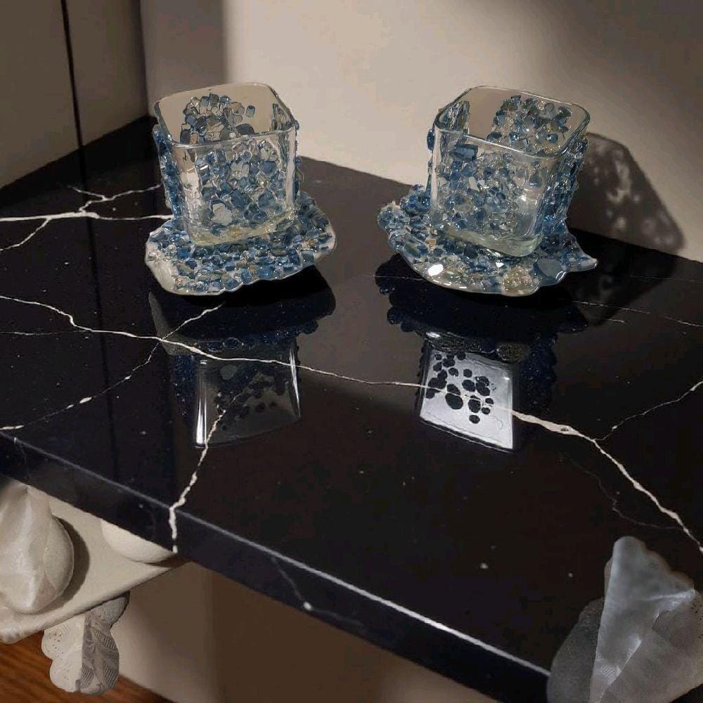 Blue Crystallized Votive Candle Holders - Handcrafted 3D Pair