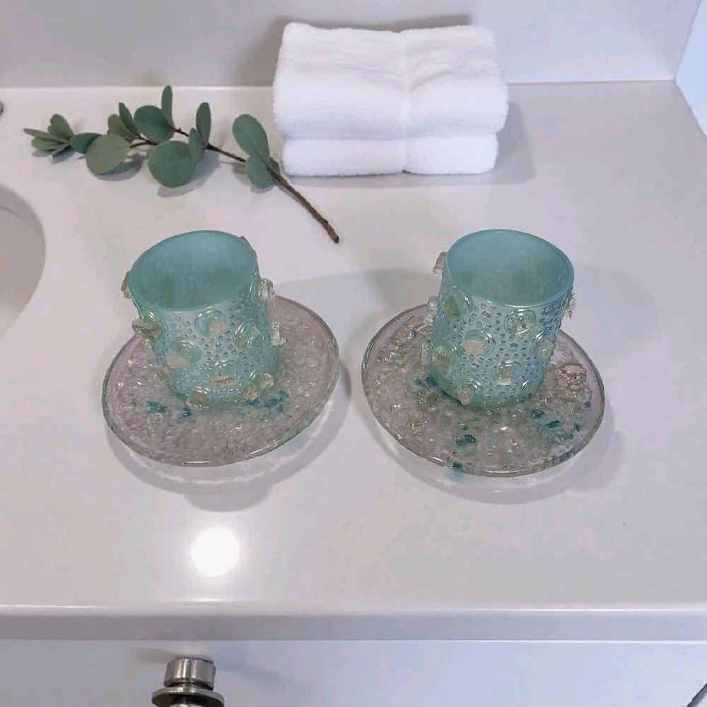 Handcrafted Iridescent Aquamarine Crystallized Votive Candle Holders - Set of 2