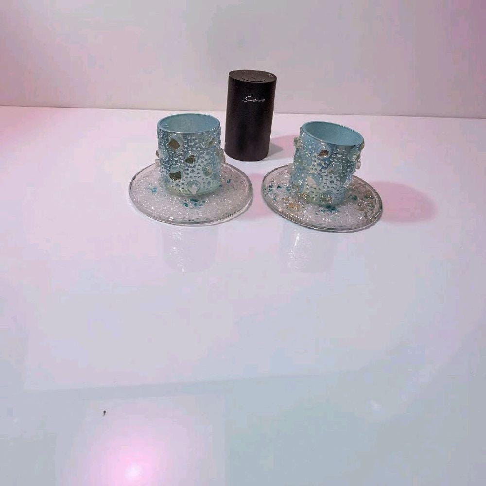 Handcrafted Iridescent Aquamarine Crystallized Votive Candle Holders - Set of 2