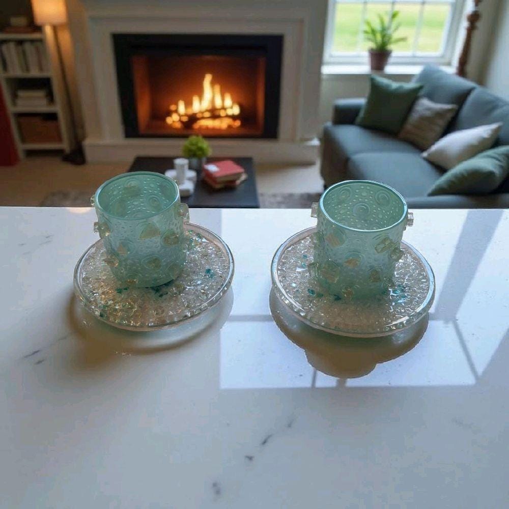 Handcrafted Iridescent Aquamarine Crystallized Votive Candle Holders - Set of 2