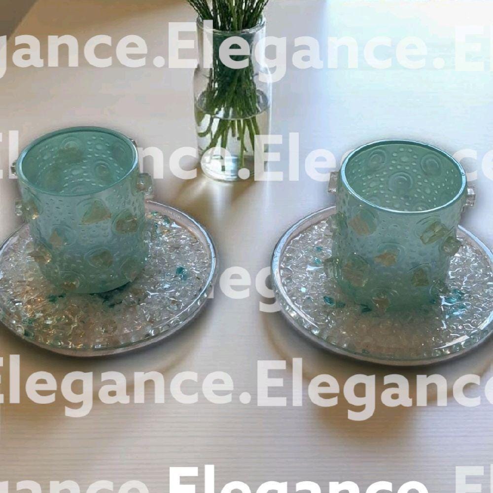 Handcrafted Iridescent Aquamarine Crystallized Votive Candle Holders - Set of 2