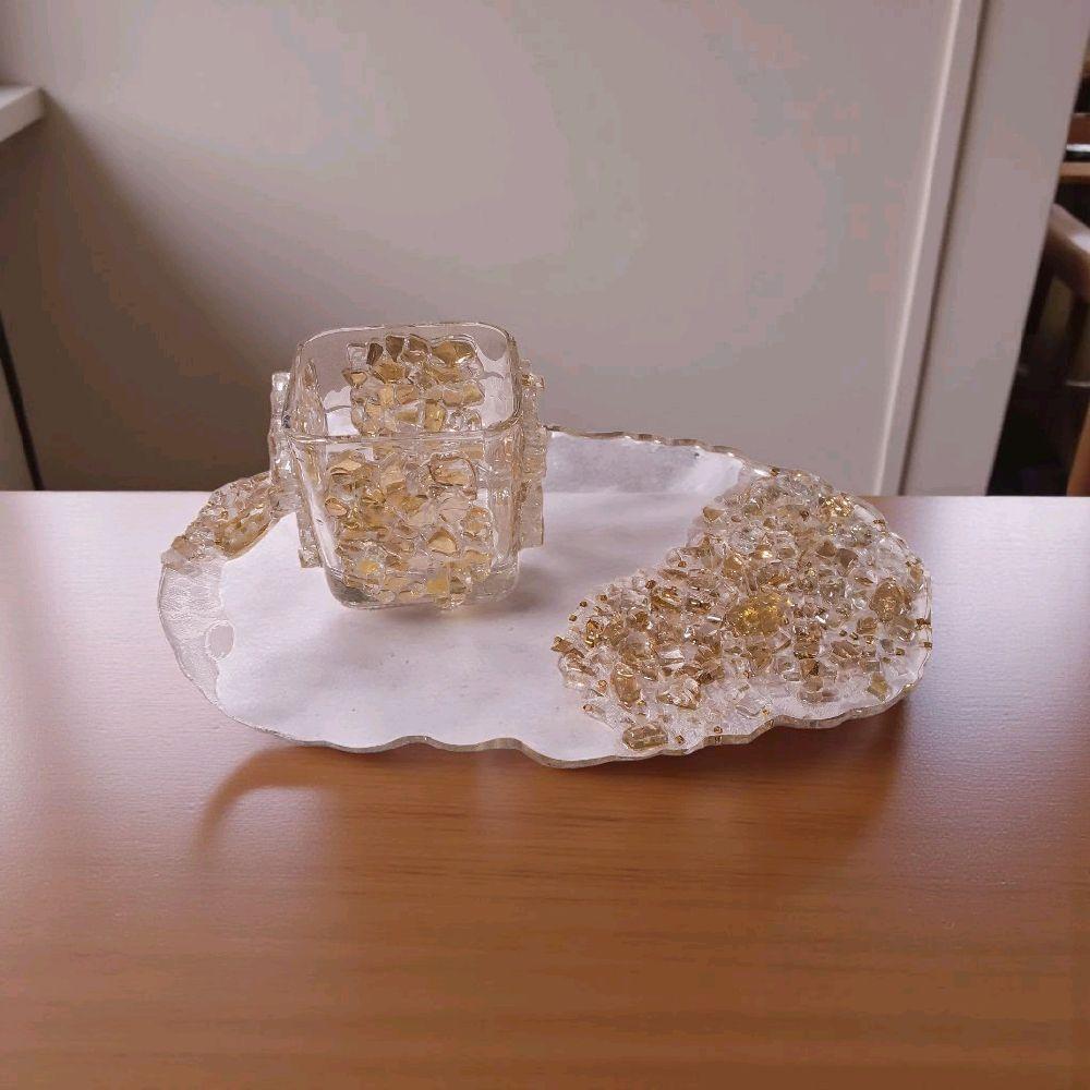 3D Resin Artwork: Gold Crystal Decor, Candle Trinket Vase Tray