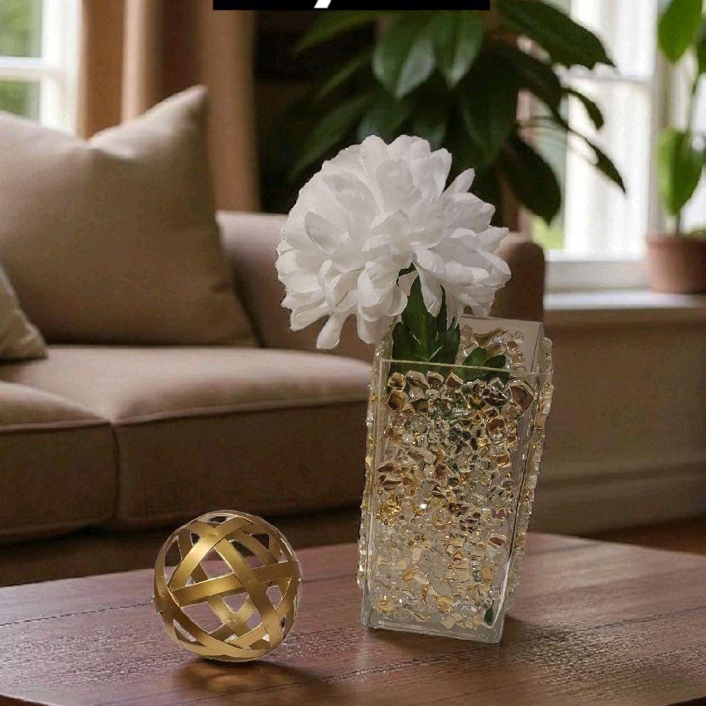 Gold Crystallized Square Glass Vase, Sophisticated Home Decor
