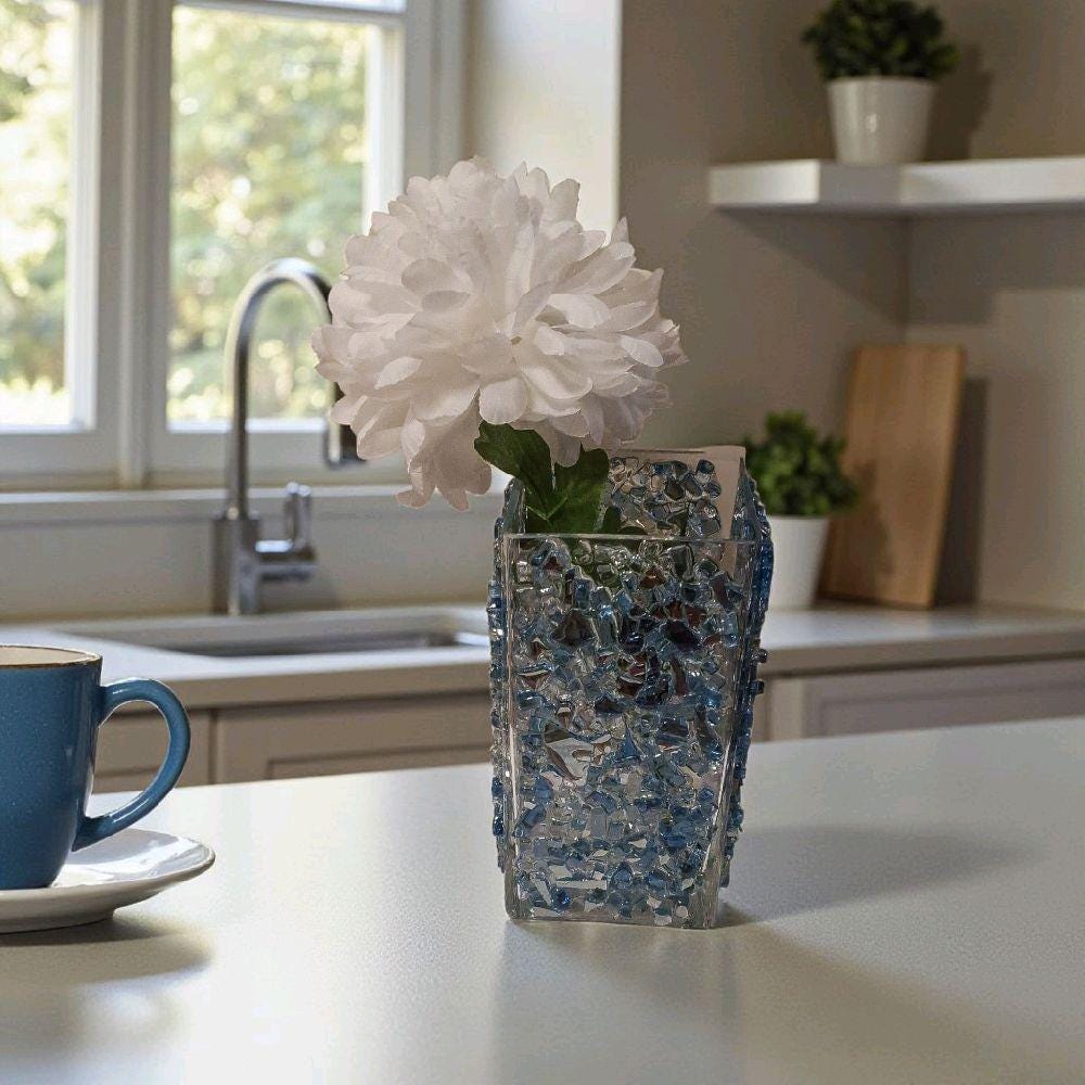 Blue Crystallized Glass Vase, Square Glam Decor