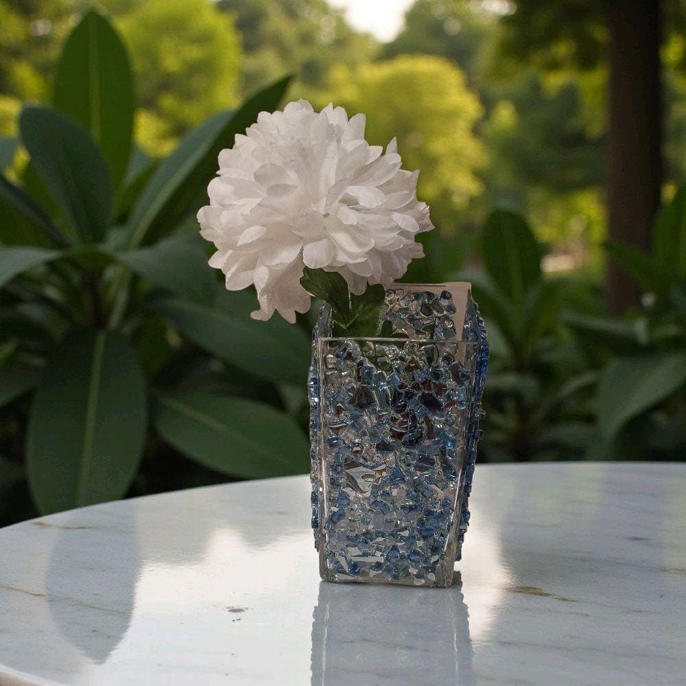 Blue Crystallized Glass Vase, Square Glam Decor